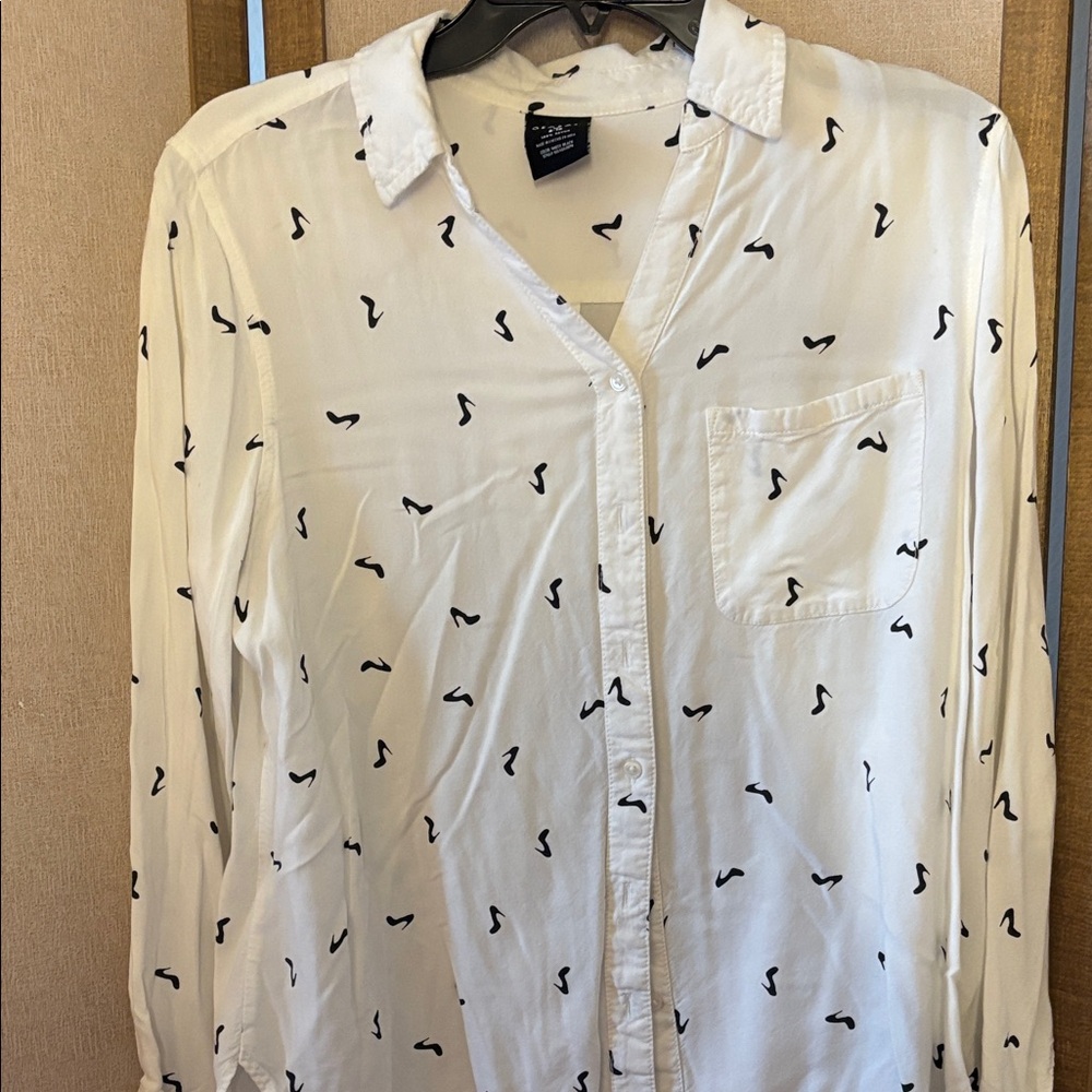 George White Button-Up Shirt with Black shoe Pattern medium